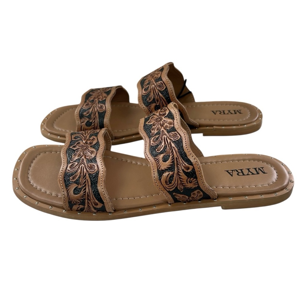 MYRA Santa Fe Daisy Hand-Tooled Leather Floral Slide Sandals NEW 10